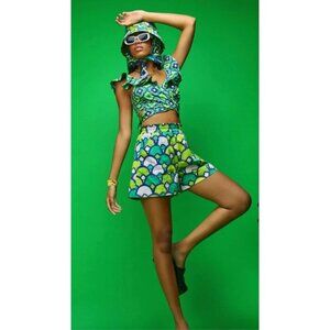 Autumn Adeigbo Shorts Women 2 Green Scalloped Fan Print High Waist Debbie Shorts